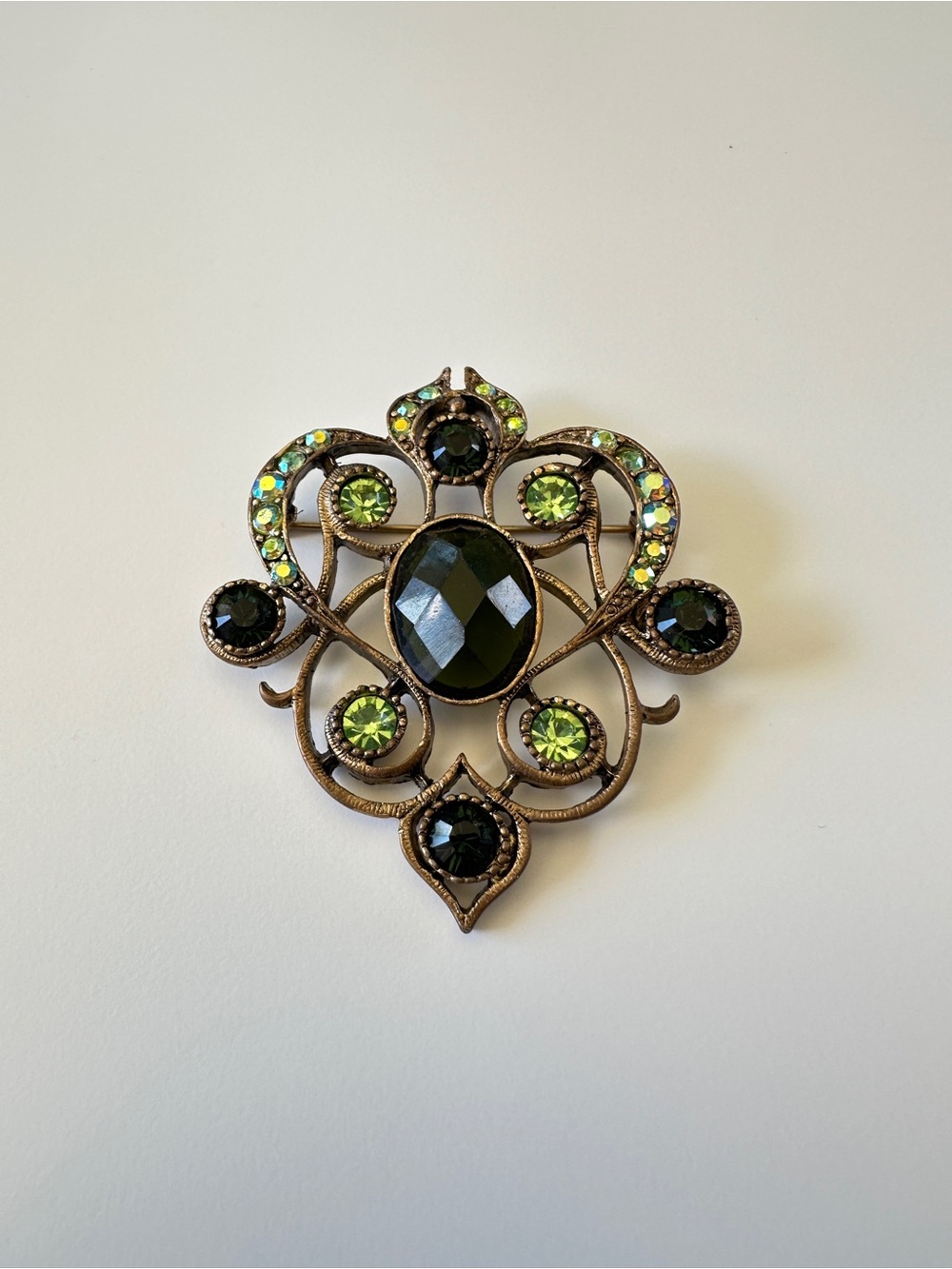Antique-Inspired Green Crystal Filigree Brooch